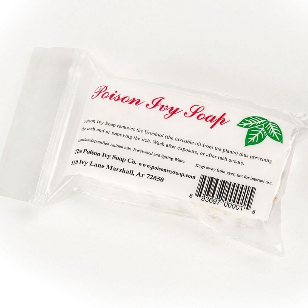 Clear wrapped handmade soap bar labeled for preventing and soothing poison ivy rash, featuring natural ingredients and made in the USA, ideal for health and wellness collections.
