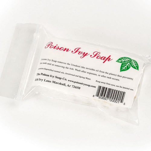 Clear wrapped handmade soap bar labeled for preventing and soothing poison ivy rash, featuring natural ingredients and made in the USA, ideal for health and wellness collections.
