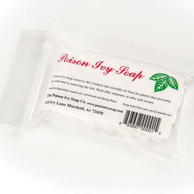 Clear wrapped handmade soap bar labeled for preventing and soothing poison ivy rash, featuring natural ingredients and made in the USA, ideal for health and wellness collections.