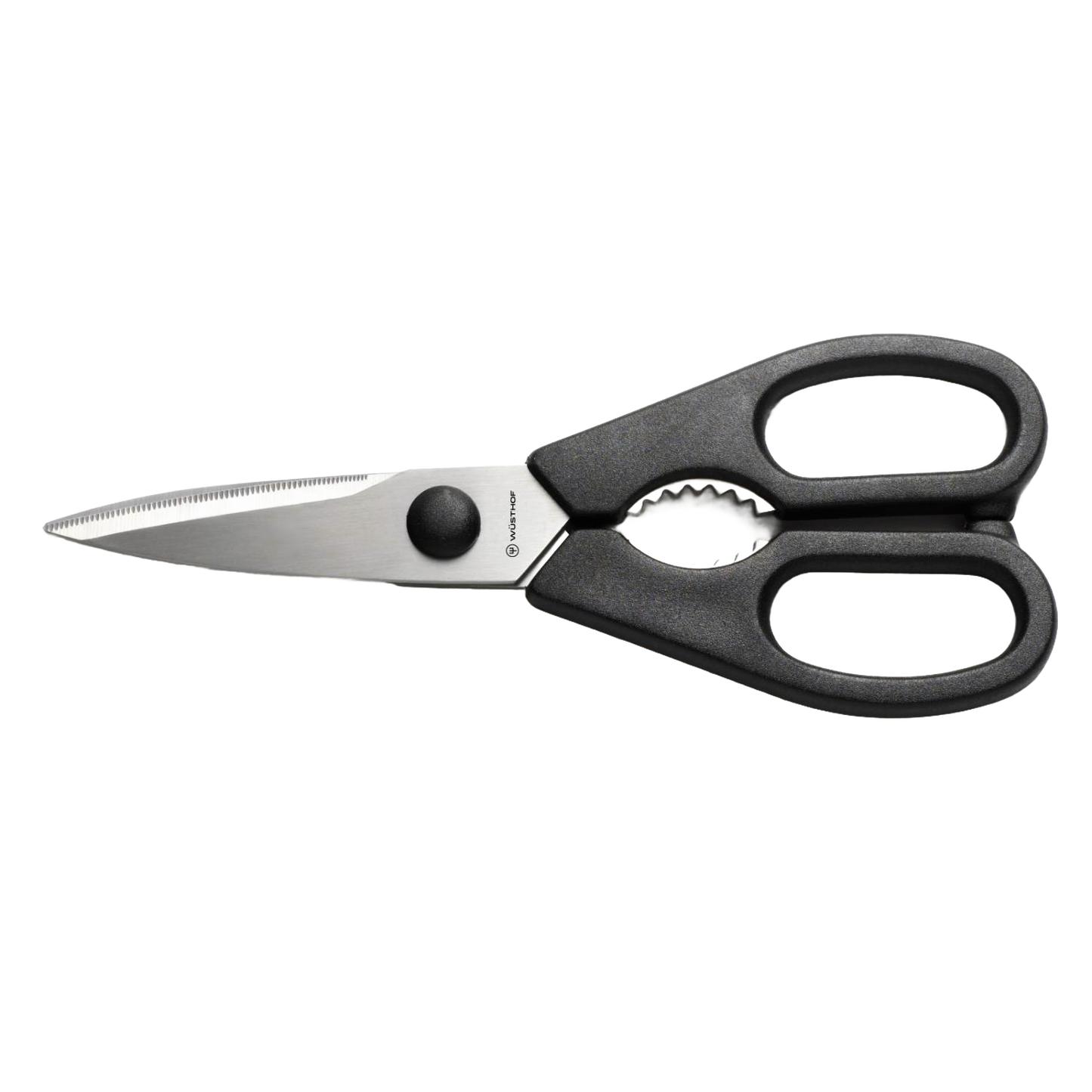 Black-handled kitchen shears with stainless steel blades, featuring a come-apart design and ergonomic grips, part of Kitchen & Food, Kitchen Gadgets, and Best Sellers collections.