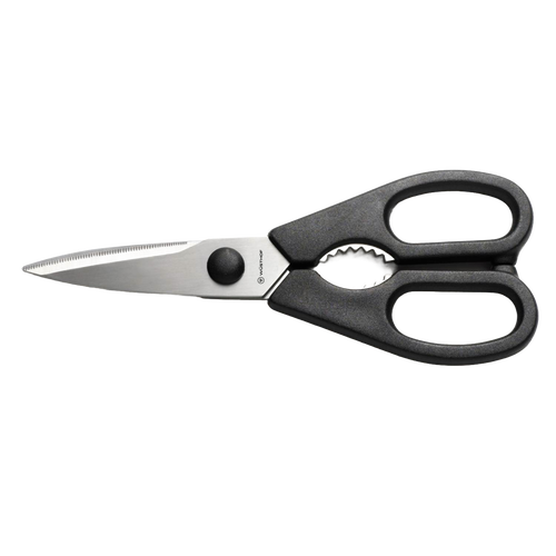 Black-handled kitchen shears with stainless steel blades, featuring a come-apart design and ergonomic grips, part of Kitchen & Food, Kitchen Gadgets, and Best Sellers collections.