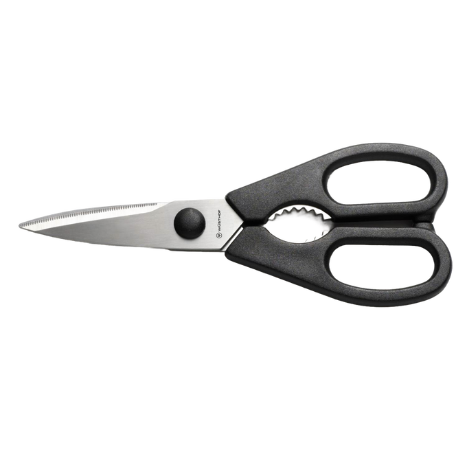 Black-handled kitchen shears with stainless steel blades, featuring a come-apart design and ergonomic grips, part of Kitchen & Food, Kitchen Gadgets, and Best Sellers collections.