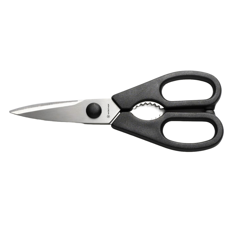 Black-handled kitchen shears with stainless steel blades, featuring a come-apart design and ergonomic grips, part of Kitchen & Food, Kitchen Gadgets, and Best Sellers collections.