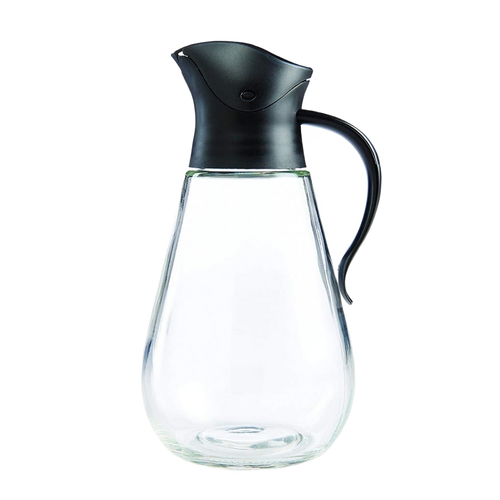 Clear glass syrup dispenser with ergonomic handle and gravity-style black lid that closes automatically when upright, ideal for Kitchen & Food, Storage and Serving, and Best Sellers collections.