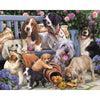 Colorful illustration of playful puppies gathered around a bench with flowers, capturing a cheerful scene perfect for puzzle enthusiasts in the Toys, Books & Games collection.