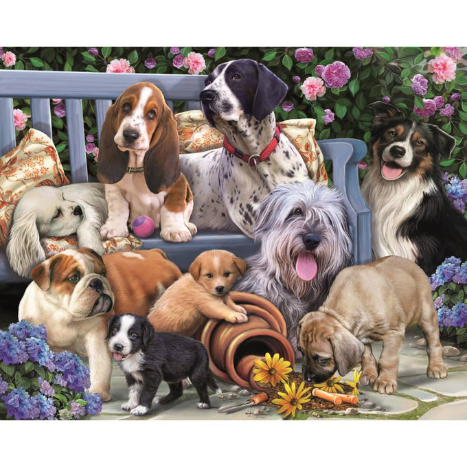 Colorful illustration of playful puppies gathered around a bench with flowers, capturing a cheerful scene perfect for puzzle enthusiasts in the Toys, Books & Games collection.