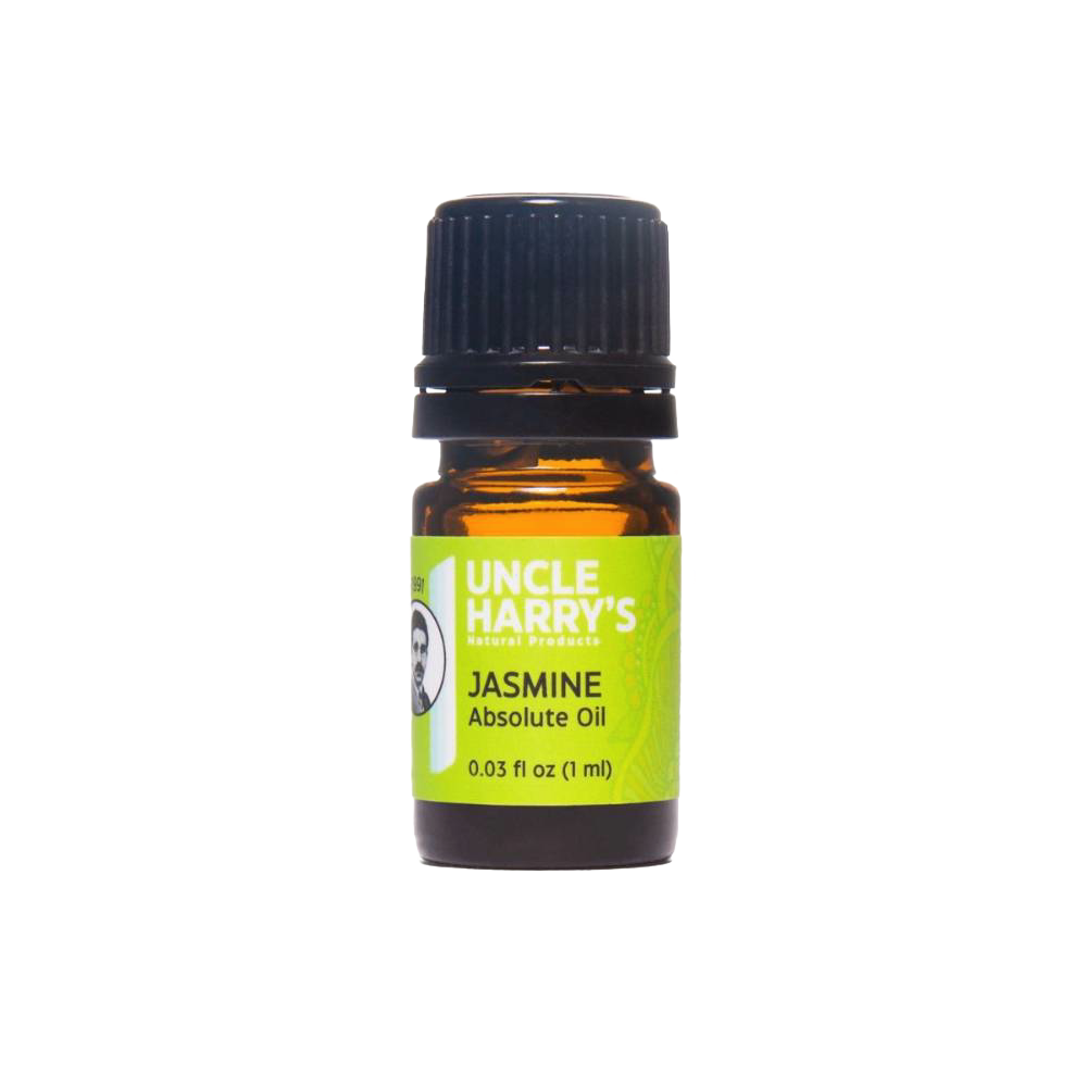 Small amber glass bottle of handcrafted jasmine absolute oil with green label, used in health remedies, soapmaking supplies, and USA made wellness collections.