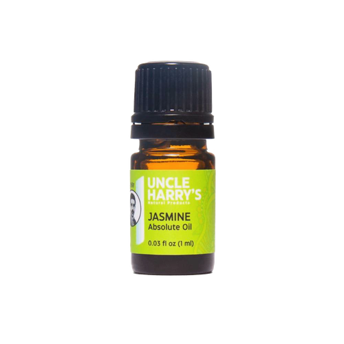 Small amber glass bottle of handcrafted jasmine absolute oil with green label, used in health remedies, soapmaking supplies, and USA made wellness collections.