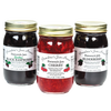 Three jars of handcrafted jams and jellies featuring black raspberry jam, cherry jam, and elderberry jelly with simple ingredients, made in USA, suitable for Kitchen & Food and Pantry collections.