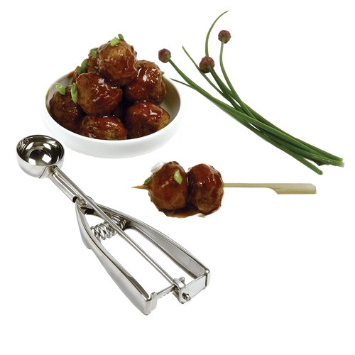 Stainless steel cookie dough scoop with spring handle next to a small bowl of glazed meatballs and chive garnishes, ideal for Kitchen & Food, Cookware, Baking Supplies, and Best Sellers collections, handcrafted quality.