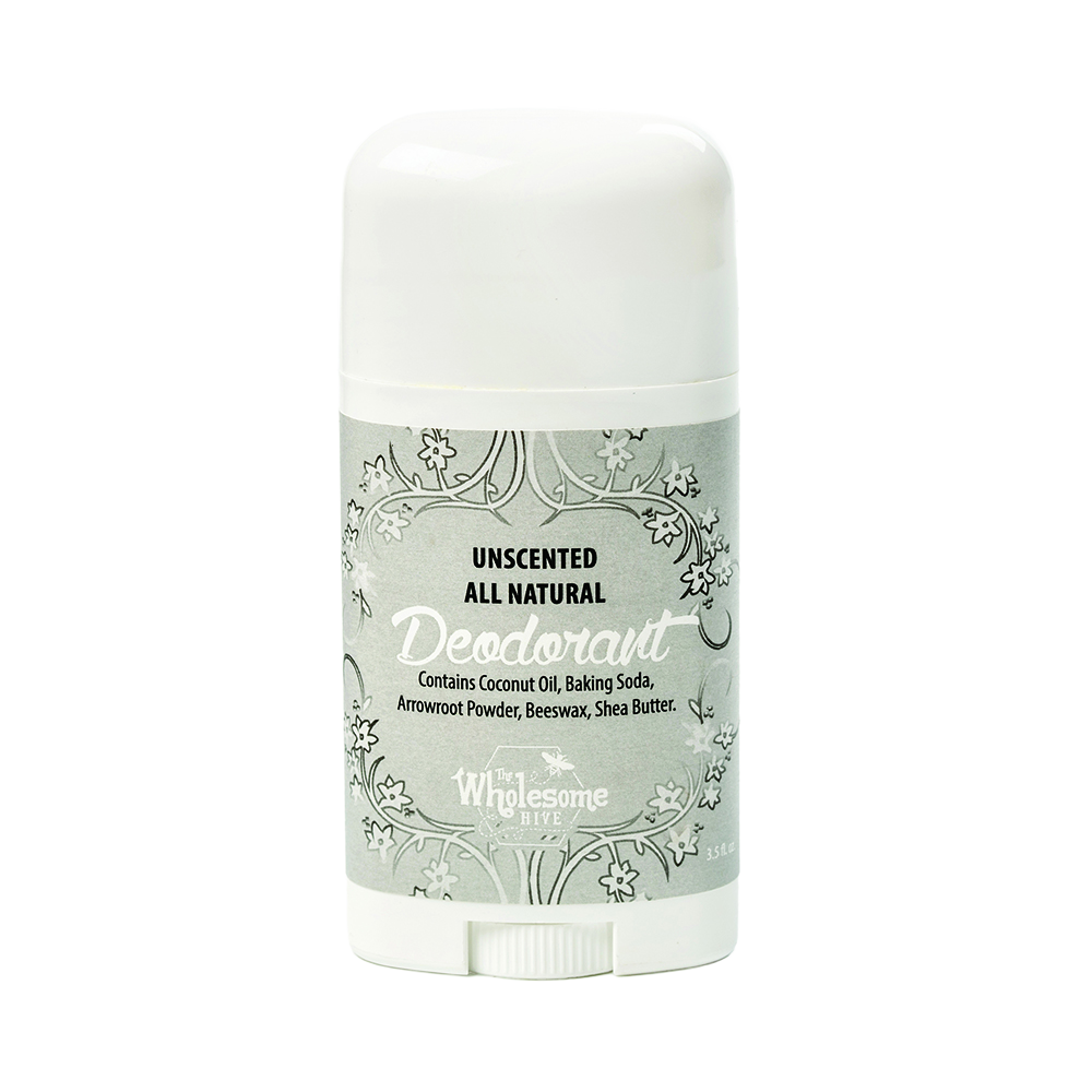 Handcrafted unscented all-natural deodorant stick with beeswax, shea butter, arrowroot powder, and baking soda, made in USA, featured in Health & Wellness and Grooming collections.