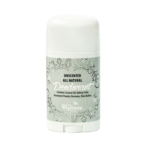 Handcrafted unscented all-natural deodorant stick with beeswax, shea butter, arrowroot powder, and baking soda, made in USA, featured in Health & Wellness and Grooming collections.