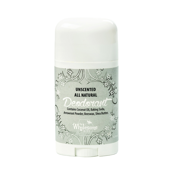 Handcrafted unscented all-natural deodorant stick with beeswax, shea butter, arrowroot powder, and baking soda, made in USA, featured in Health & Wellness and Grooming collections.