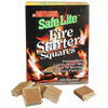 Box of handcrafted fire starter squares labeled for easy ignition, wet use, and long burn time, shown with individual squares scattered in front, ideal for stoves, hearth accessories, and outdoor fire use.