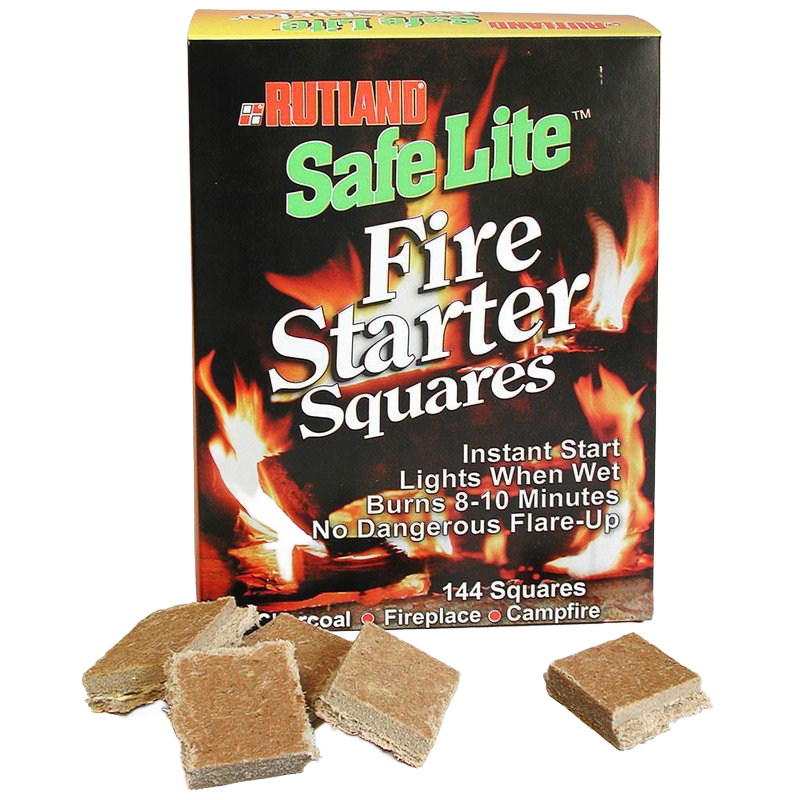 Box of handcrafted fire starter squares labeled for easy ignition, wet use, and long burn time, shown with individual squares scattered in front, ideal for stoves, hearth accessories, and outdoor fire use.