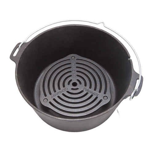 Cast iron stack grate with a three-arm design resting inside a Dutch oven, crafted for balanced heat distribution and multi-level cooking in Farm, Garden & Tool, Kitchen & Food, Camping, Cookware, Cast Iron, Best Sellers, and Promo Eligible collections.