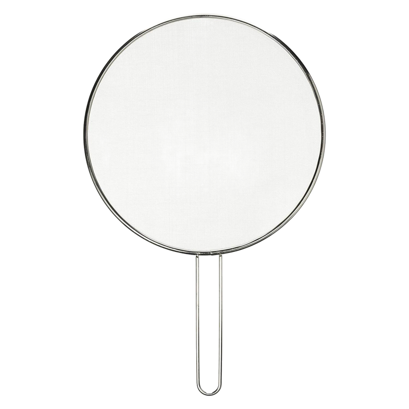 Round stainless steel splatter screen with fine mesh and long handle, designed to protect kitchen surfaces, featured in Kitchen & Food, Kitchen Gadgets, Cooking and Baking Helpers, Best Sellers, and Promo Eligible collections.