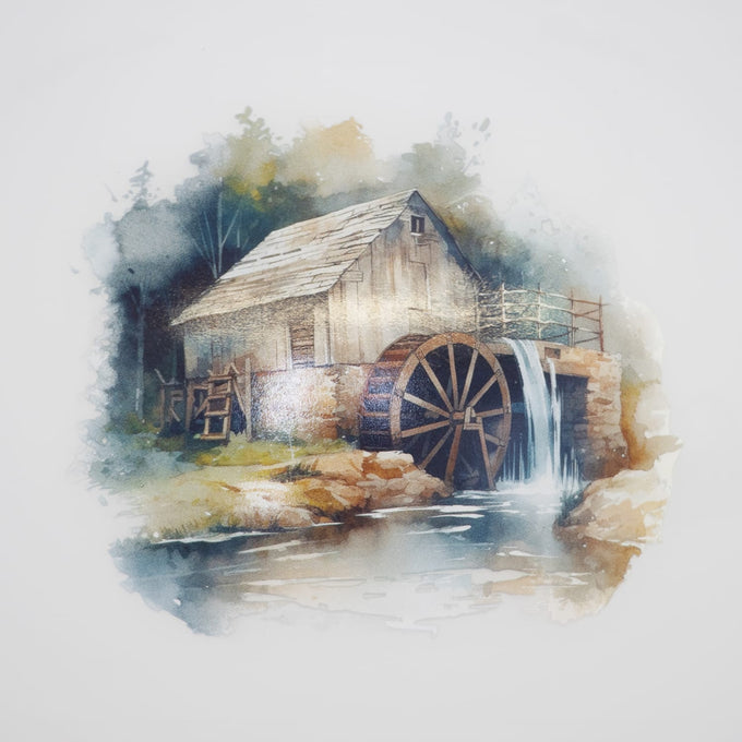Handcrafted white glass lamp shade featuring a detailed rustic watermill illustration, designed to softly diffuse light for Lamps & Lighting and Best Sellers collections.