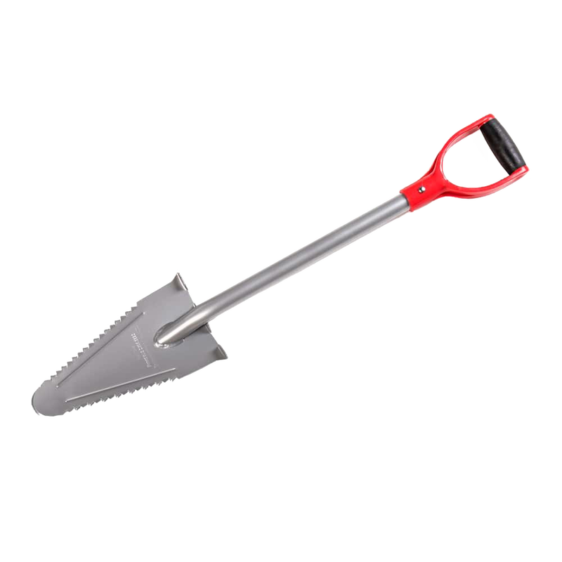 Handcrafted mini gardening shovel with serrated blade and red ergonomic handle, designed for precise digging in farm, garden, and cultivating tasks, featured in Best Sellers and Promo Eligible collections.