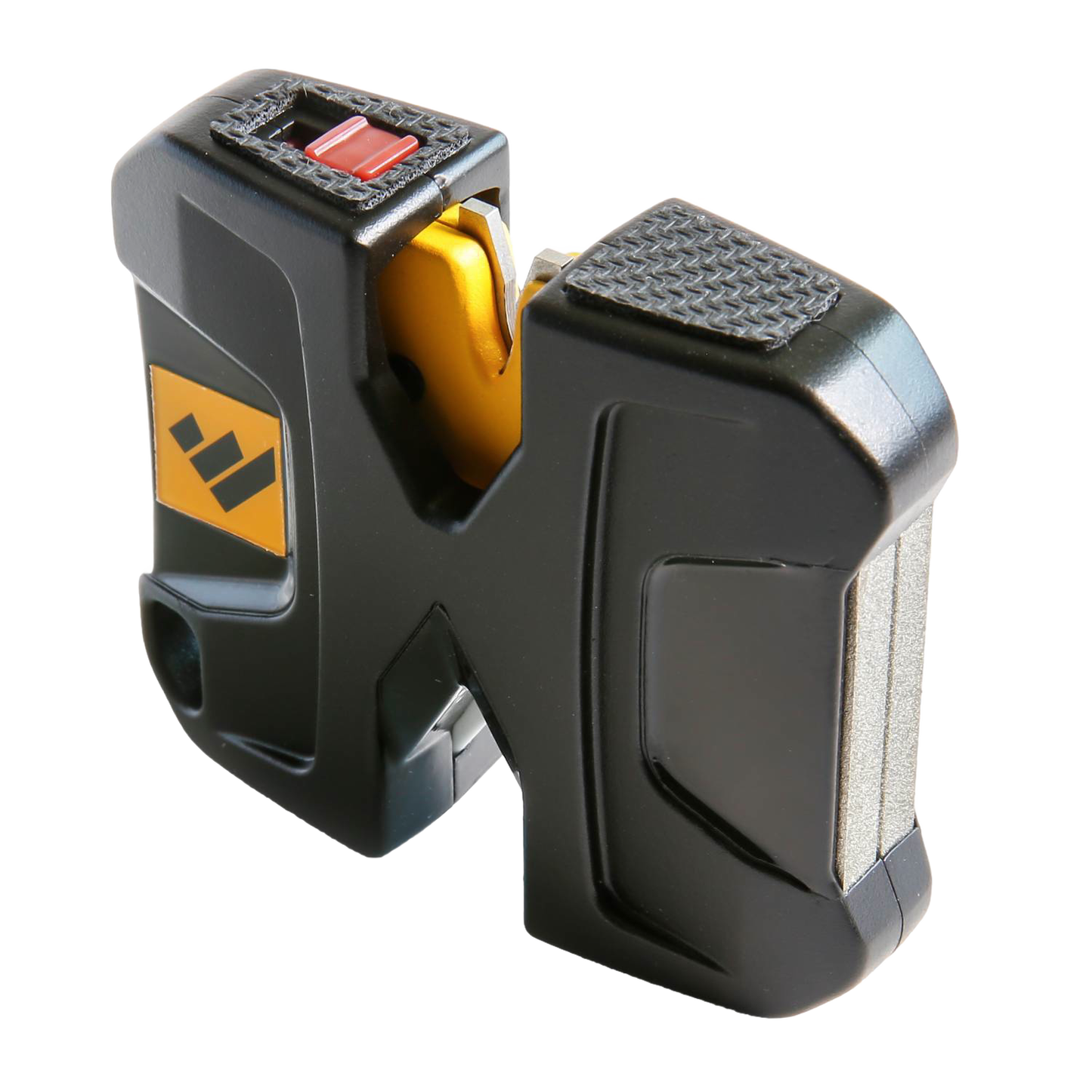 Compact handheld sharpener with black plastic body, yellow sharpening slot, and textured grip, designed for quick blade sharpening in farm, kitchen, and tool collections.