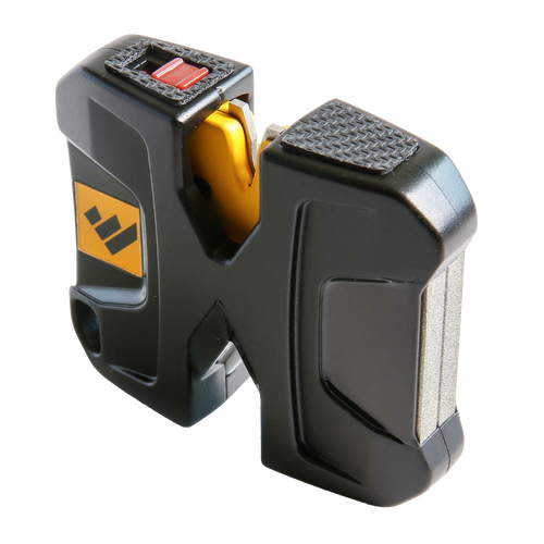 Compact handheld sharpener with black plastic body, yellow sharpening slot, and textured grip, designed for quick blade sharpening in farm, kitchen, and tool collections.