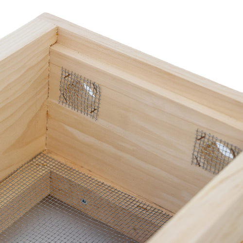 Close-up of a handcrafted wooden hive topper with metal mesh ventilation, designed to control moisture in beekeeping, made in USA and Amish made, featured in Farm, Garden & Tool collections.