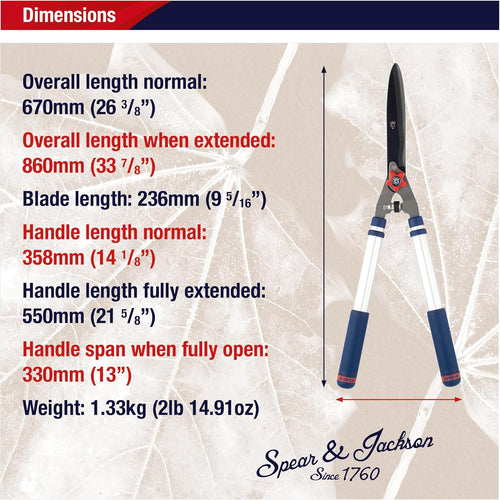 Spear & Jackson Razorsharp telescopic hedge shears with extendable aluminum handles and precision blades, shown with detailed measurements, ideal for Farm, Garden & Tool and Lawncare collections.