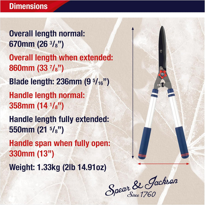 Spear & Jackson Razorsharp telescopic hedge shears with extendable aluminum handles and precision blades, shown with detailed measurements, ideal for Farm, Garden & Tool and Lawncare collections.