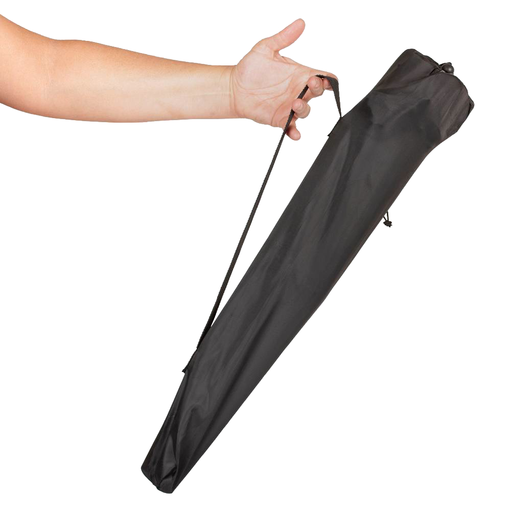 Hand holding a compact black carry bag with a shoulder strap, designed for easy transport of a lightweight four-legged folding stool, perfect for camping and outdoor use in Farm, Garden & Tool, Camping, Best Sellers, Promo Eligible, and Sale collections.