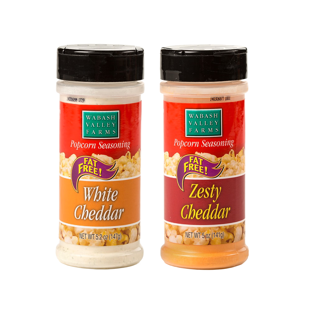 Two bottles of cheesy popcorn seasonings in white cheddar and zesty cheddar flavors, fat-free and made in the USA, perfect for Kitchen & Food, Food, and Popcorn collections.