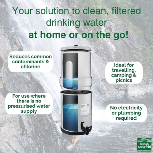 Handcrafted stainless steel gravity water filter with ceramic elements for reducing contaminants and chlorine, designed for camping, travel, emergency supplies, and home use without electricity or plumbing.