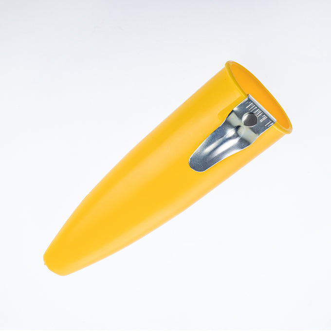 Durable yellow plastic whetstone holder with metal clamp attachment, designed to keep sharpening stones moist and accessible for farm, garden, and lawncare tools.