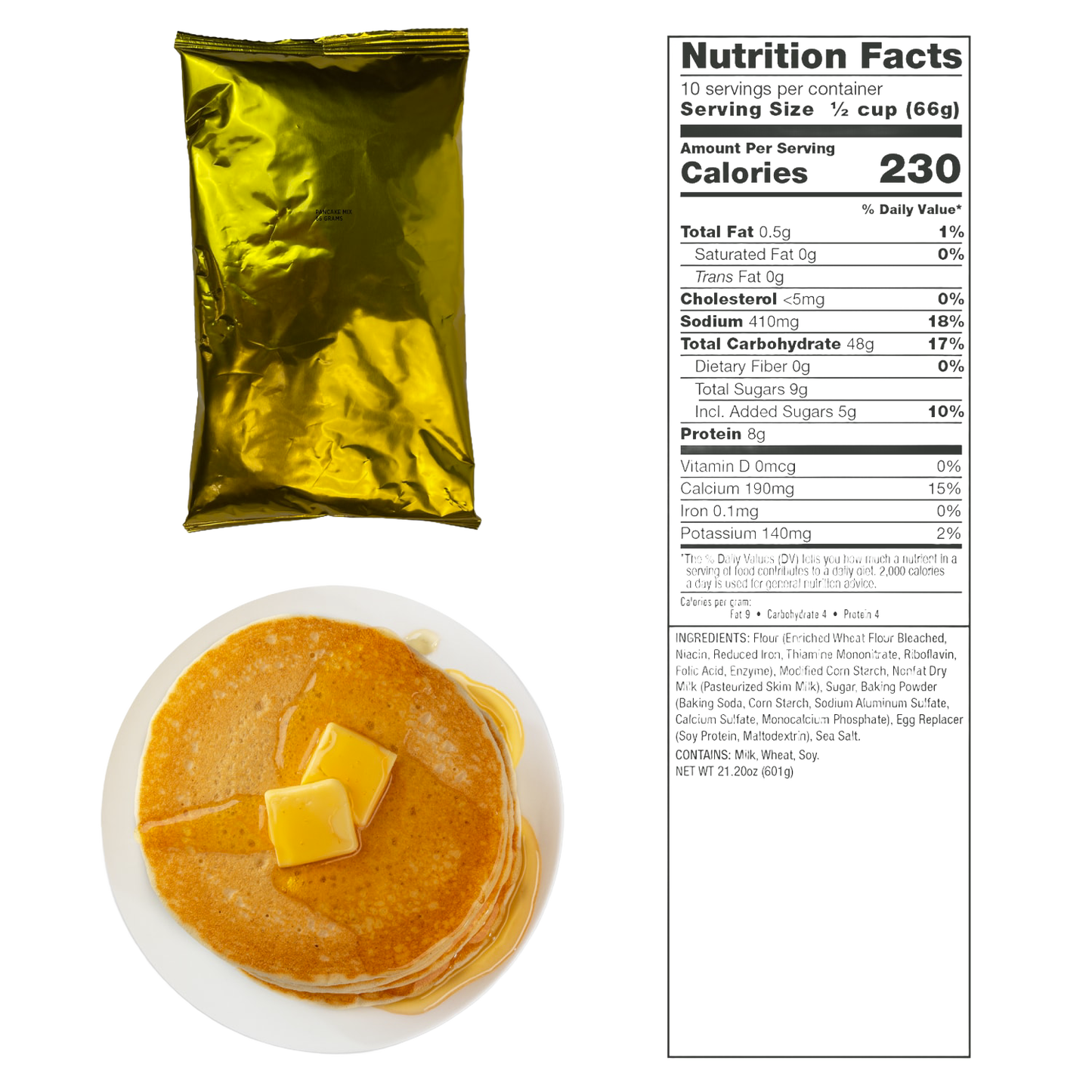 Single-serving golden foil pouch of emergency breakfast pancake mix with a plate of pancakes topped with butter and syrup, beside a detailed nutrition facts label, ideal for Pantry, Kitchen & Food, Emergency Supplies, and USA Made collections.