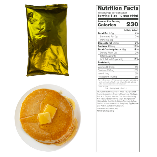 Single-serving golden foil pouch of emergency breakfast pancake mix with a plate of pancakes topped with butter and syrup, beside a detailed nutrition facts label, ideal for Pantry, Kitchen & Food, Emergency Supplies, and USA Made collections.