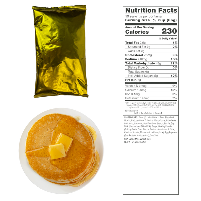 Single-serving golden foil pouch of emergency breakfast pancake mix with a plate of pancakes topped with butter and syrup, beside a detailed nutrition facts label, ideal for Pantry, Kitchen & Food, Emergency Supplies, and USA Made collections.