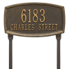 Custom handcrafted bronze lawn address plaque with raised border and two-line text on posts, made in USA, ideal for Home & Decor, Mailboxes and Address Signs, and Best Sellers collections.