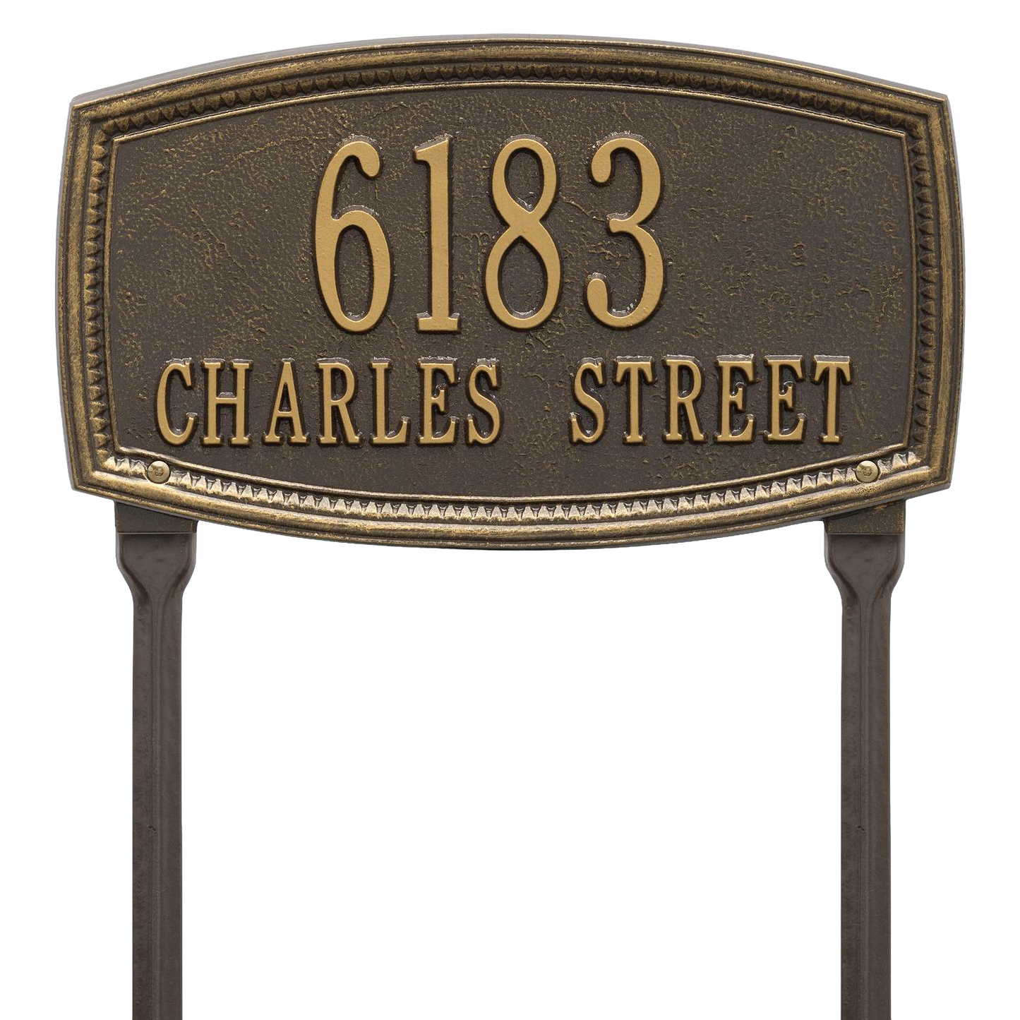 Custom handcrafted bronze lawn address plaque with raised border and two-line text on posts, made in USA, ideal for Home & Decor, Mailboxes and Address Signs, and Best Sellers collections.