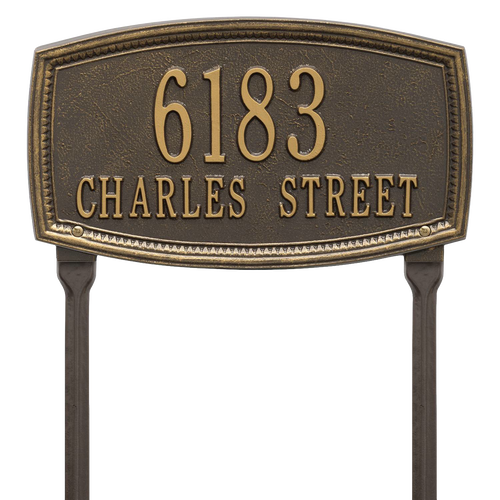 Custom handcrafted bronze lawn address plaque with raised border and two-line text on posts, made in USA, ideal for Home & Decor, Mailboxes and Address Signs, and Best Sellers collections.