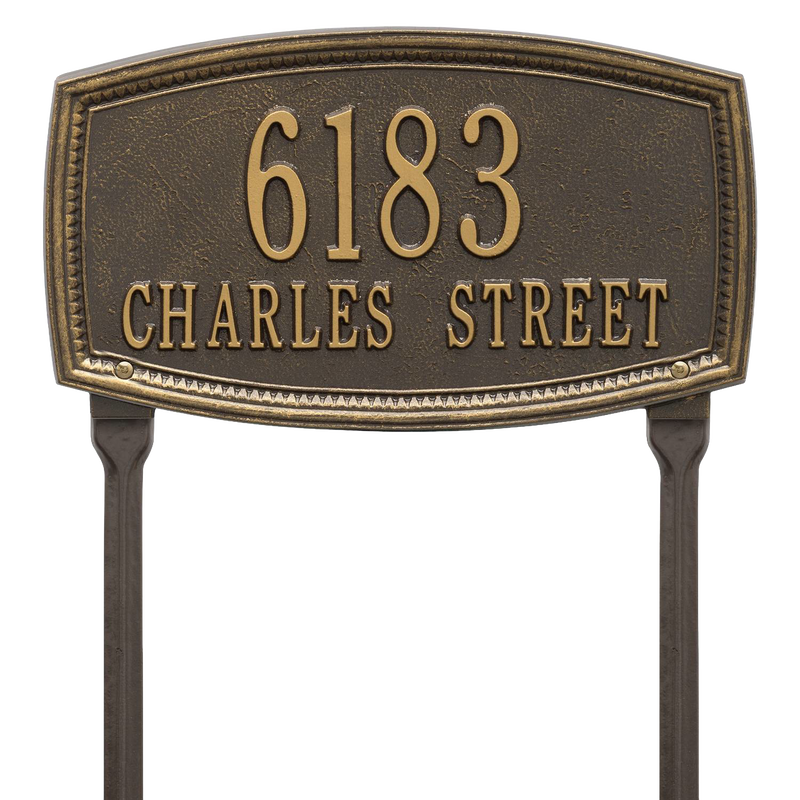 Custom handcrafted bronze lawn address plaque with raised border and two-line text on posts, made in USA, ideal for Home & Decor, Mailboxes and Address Signs, and Best Sellers collections.