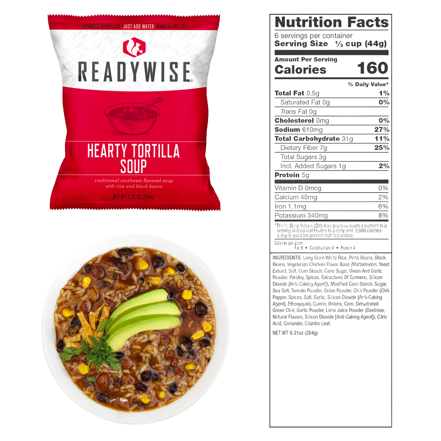 Single-serving package of hearty tortilla soup with rice and black beans, shown with prepared soup garnished with avocado slices and cilantro, accompanied by nutrition facts, featured in Kitchen & Food and Emergency Supplies collections.