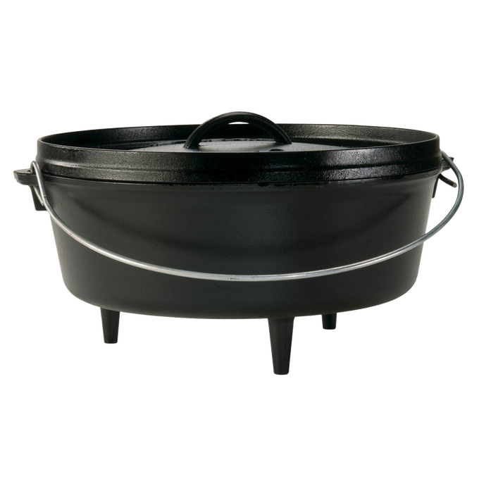 Handcrafted Lodge cast iron Dutch oven with built-in legs and metal handle, made in USA; ideal for Farm, Garden & Tool, Camping, Cast Iron, Best Sellers, and Promo Eligible collections.