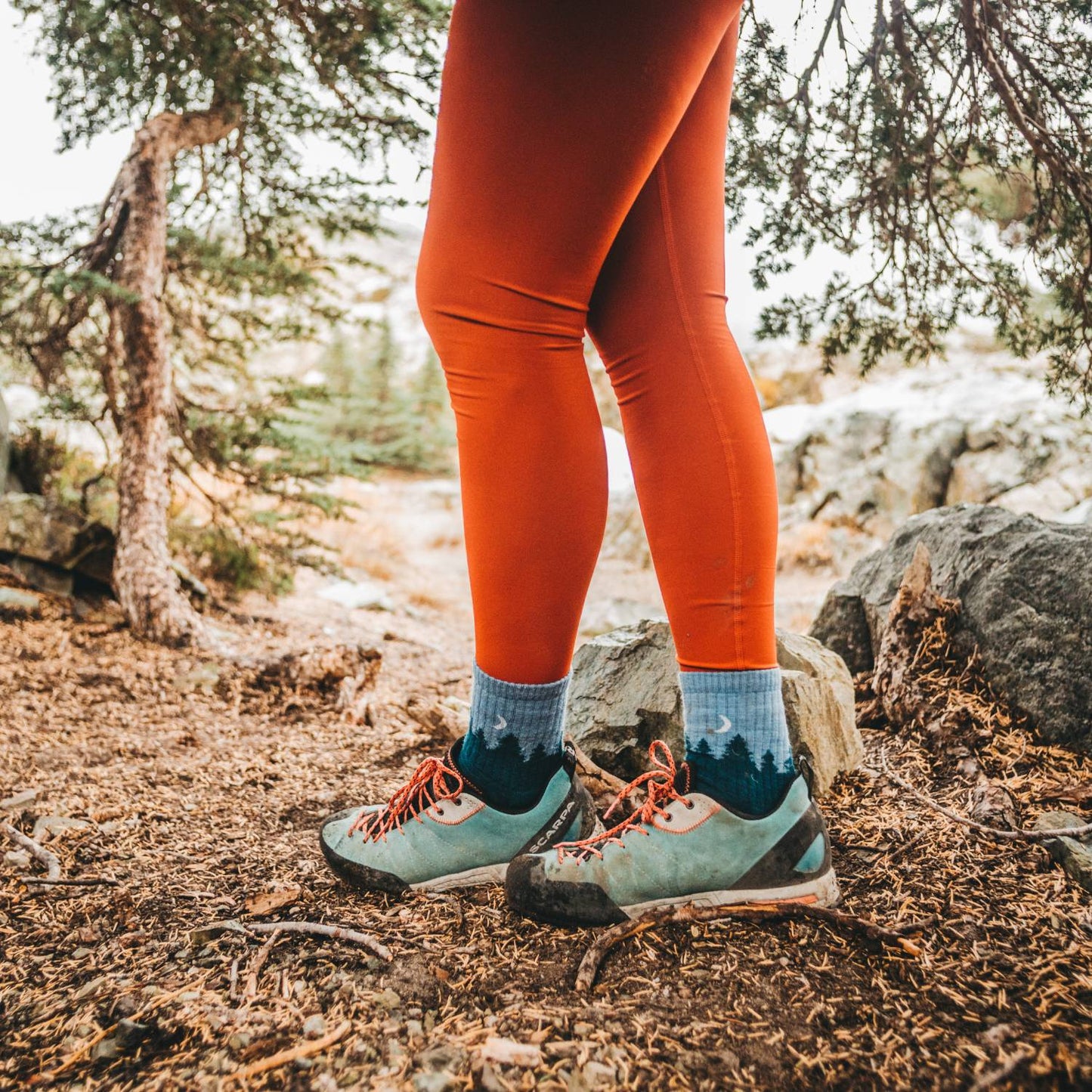 Close-up of legs wearing blue hiking socks with a treeline pattern paired with orange leggings and hiking shoes, set on a forest trail surrounded by trees and rocks, ideal for Camping, Health & Wellness, and USA Made collections.