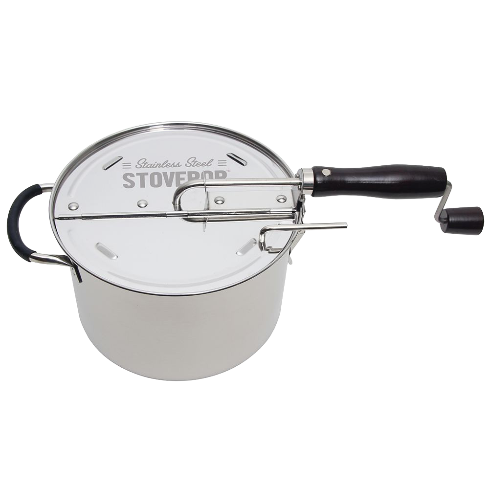 Durable stainless steel stovetop popcorn popper with a wooden handle and gearless cable design, ideal for Kitchen & Food, Cookware, Pots and Pans, Popcorn, Best Sellers, and Promo Eligible collections.