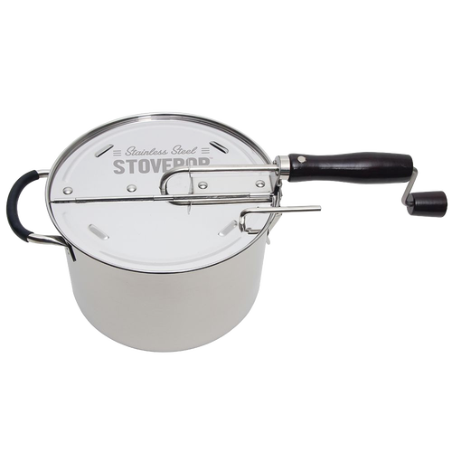 Durable stainless steel stovetop popcorn popper with a wooden handle and gearless cable design, ideal for Kitchen & Food, Cookware, Pots and Pans, Popcorn, Best Sellers, and Promo Eligible collections.