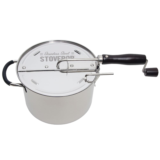 Durable stainless steel stovetop popcorn popper with a wooden handle and gearless cable design, ideal for Kitchen & Food, Cookware, Pots and Pans, Popcorn, Best Sellers, and Promo Eligible collections.
