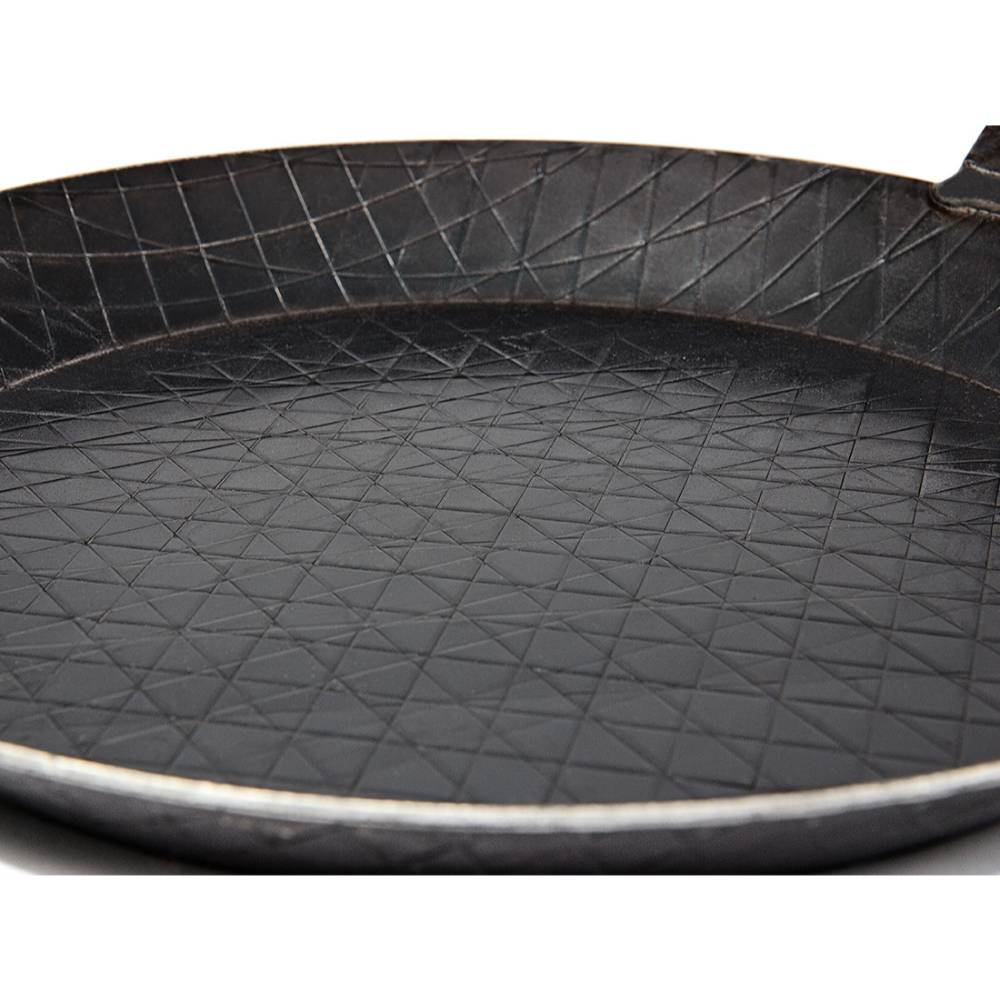 Handcrafted wrought iron pan with intricate crosshatch pattern on the cooking surface, designed for versatile use in Farm, Garden & Tool, Camping, Kitchen & Food, Cookware, Pots and Pans, Best Sellers, and Promo Eligible collections.