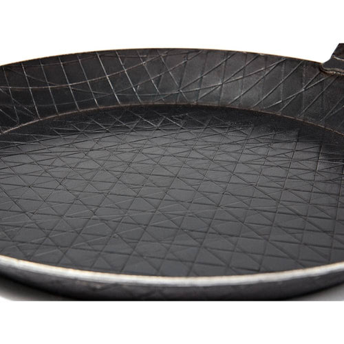 Handcrafted wrought iron pan with intricate crosshatch pattern on the cooking surface, designed for versatile use in Farm, Garden & Tool, Camping, Kitchen & Food, Cookware, Pots and Pans, Best Sellers, and Promo Eligible collections.
