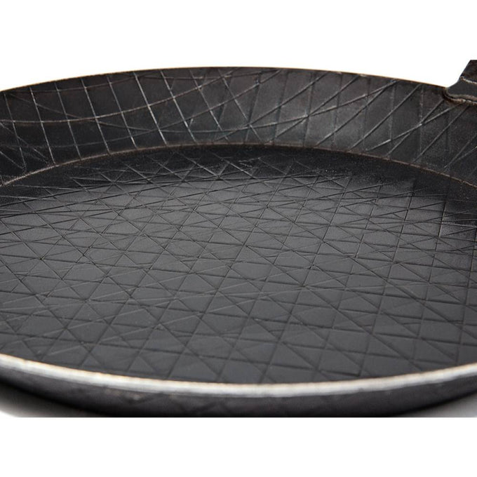 Handcrafted wrought iron pan with intricate crosshatch pattern on the cooking surface, designed for versatile use in Farm, Garden & Tool, Camping, Kitchen & Food, Cookware, Pots and Pans, Best Sellers, and Promo Eligible collections.