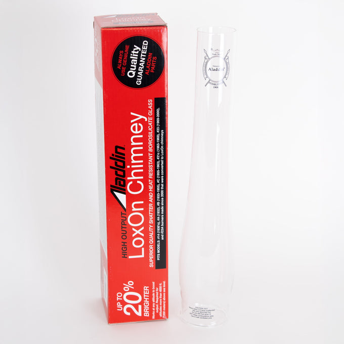 Clear borosilicate glass chimney 3 inches taller than standard for enhanced light output and durability, shown with vibrant red packaging, part of Lamps & Lighting, Parts and Accessories, Chimneys and Globes, Best Sellers, and Promo Eligible collections.