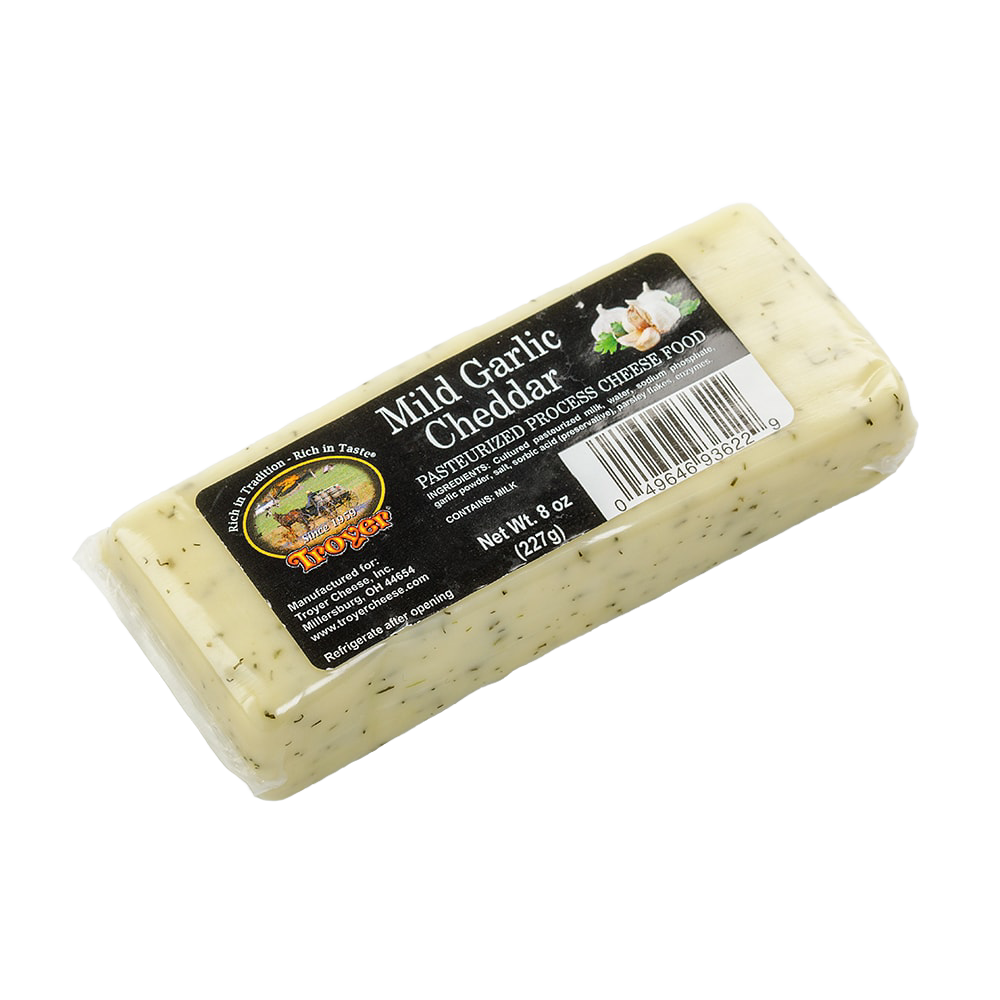 Handcrafted mild garlic cheddar cheese food block, shelf-stable and made in USA, perfect for Kitchen & Food, Snacks and Sweets, Pantry, USA Made, Best Sellers, and Promo Eligible collections.